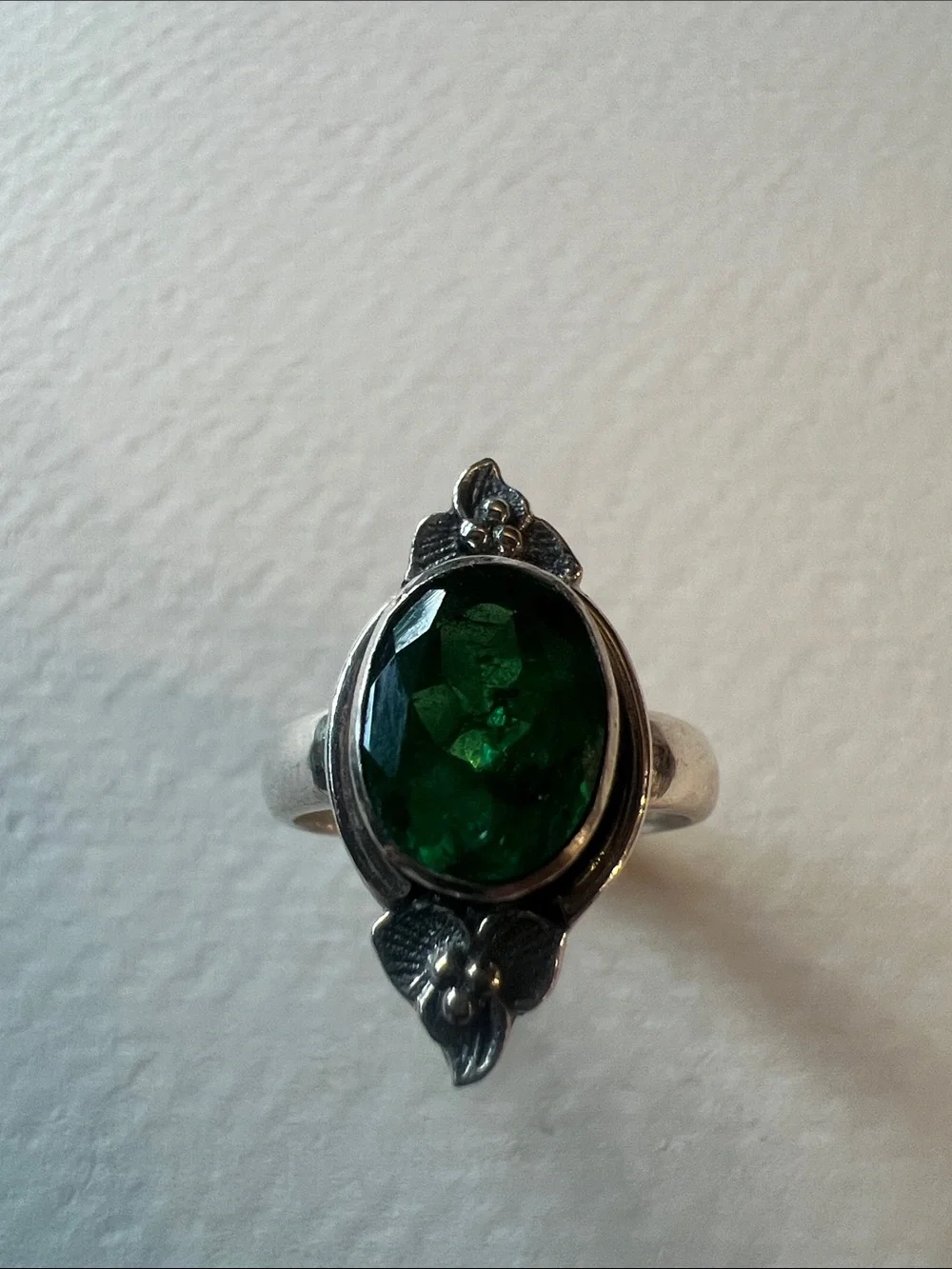 Sterling Silver Green Oval Gemstone Floral Ring